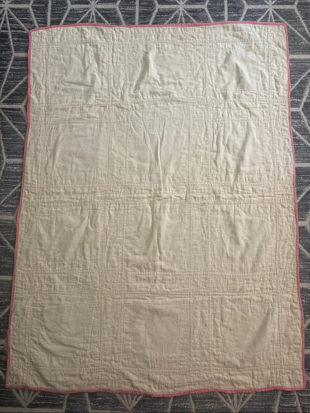 Vintage Pink and Yellow Patchwork Baby Quilt with Embroidered Design